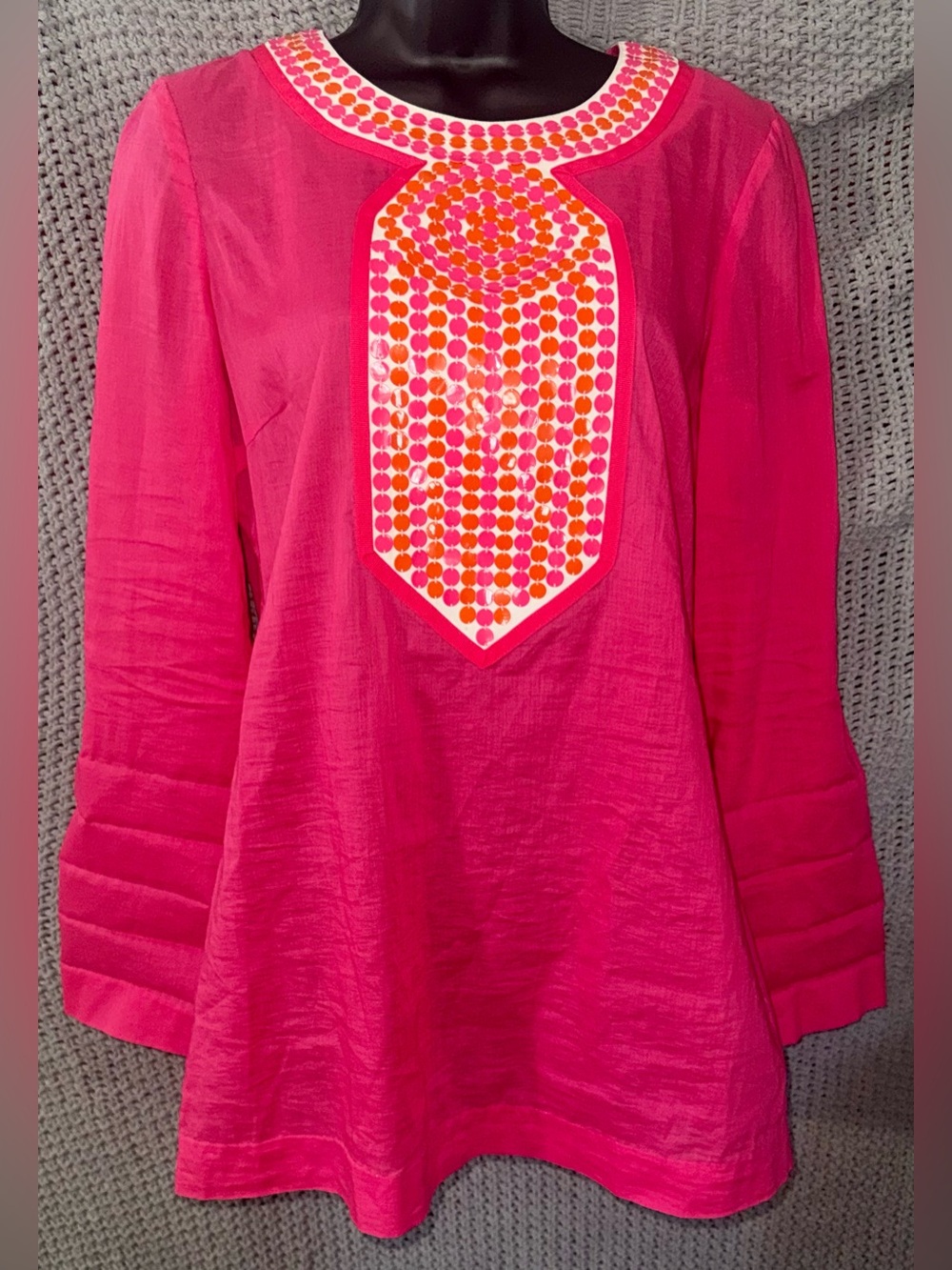Tory Burch Orange Pink Embroidered Embellished Cotton Claudia Tunic Top size 8